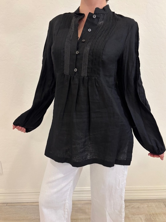 Worth Tops - Worth New York 100% Linen Pintuck Bib Front Tunic Blouse - Black , Sz Medium